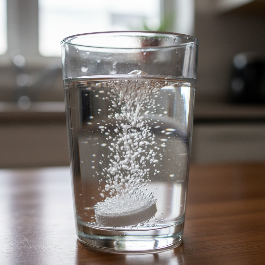 tablet disolving in glass of water